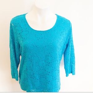 Chico’s Lace Overlay Shirt Top Turquoise Sz Large